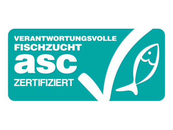 Das türkise ASC Label mit der Aufschrift „Verantwortungsvolle Fischzucht, ASC zertifiziert, asc-aqua.org“