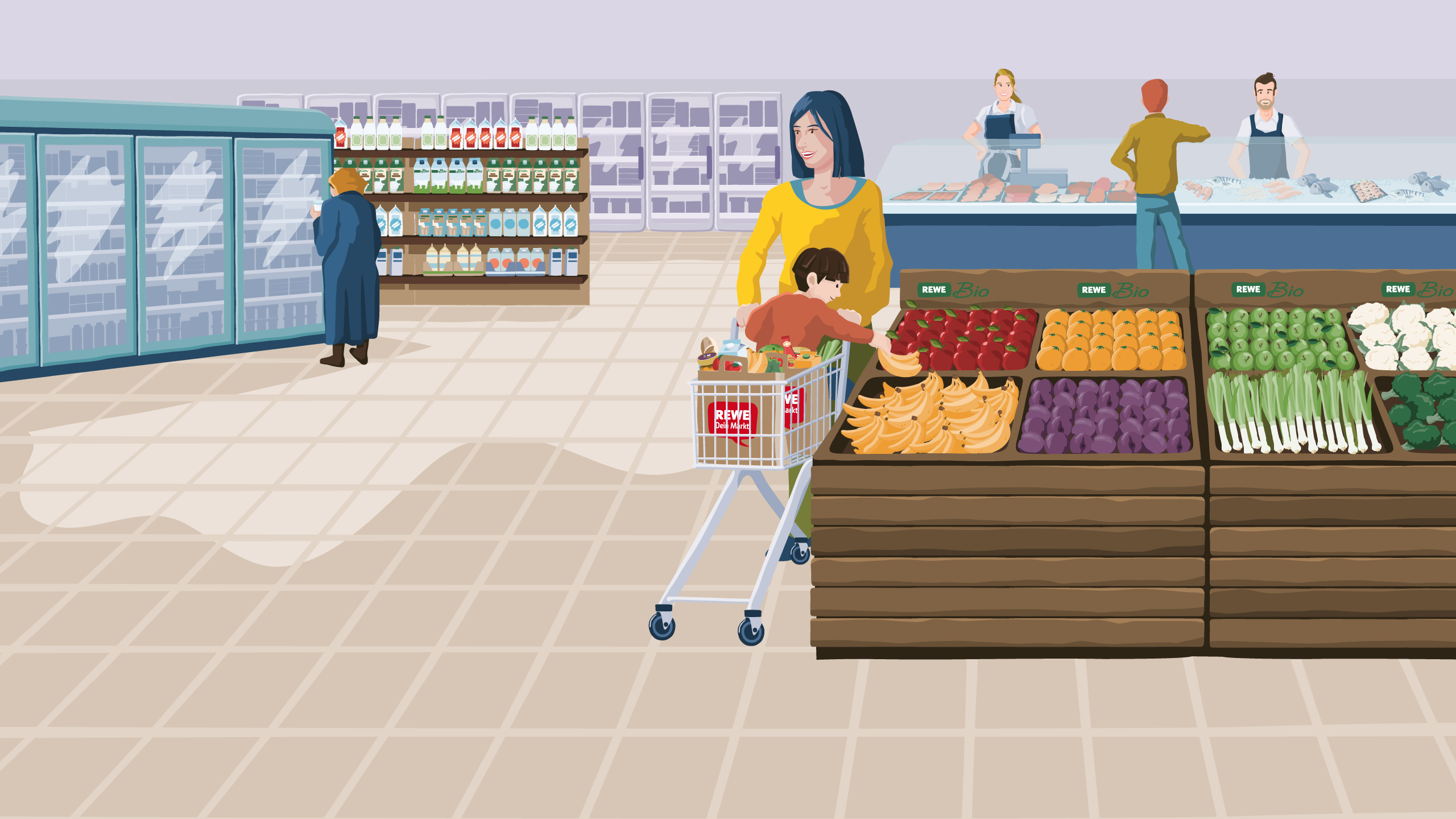 Ein illustrierter REWE Markt von innen. Im Vordergrund sieht man frisches Obst und Gemüse. Eine Mutter fährt ihr Kind im Einkaufswagen daran vorbei. Das Kind greift nach den Produkten. Im Hintergrund erkennst man ein Kühlregal, mehrere weitere Regalreihen und eine Bedientheke.