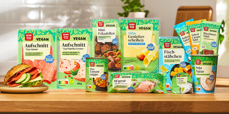 Eine vielseitige Auswahl an veganen REWE Beste Wahl Produkten.