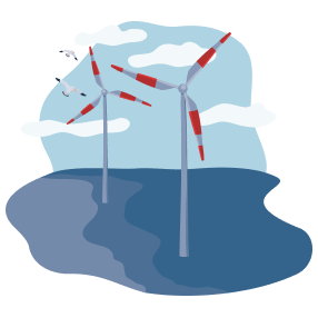 Illustration zweier Windräder auf Wasserfläche