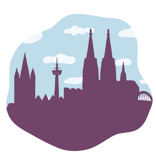 Die illustrierte Silhouette von Köln symbolisiert das Rheinland.