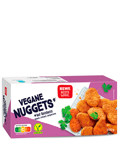 Eine Packung REWE Beste Wahl Vegane Nuggets. 