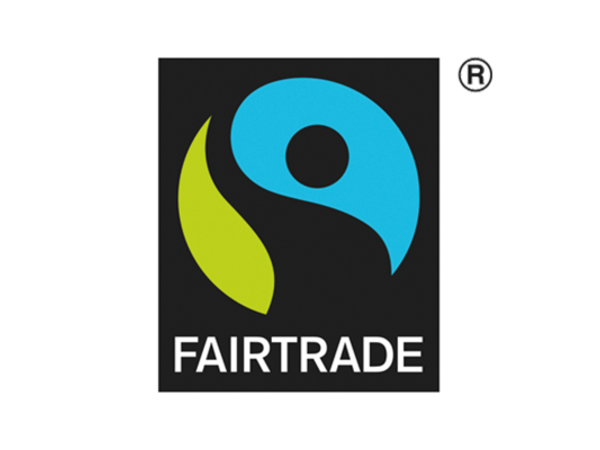 Das quadratische Fairtrade Siegel mit blauen und grünen Symbolen.