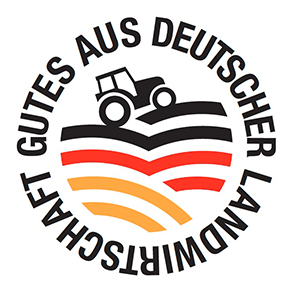 Das Herkunftskennzeichen Deutschland Label zeigt einen illustrierten Traktor und den Text „Gutes aus deutscher Landwirtschaft“. 