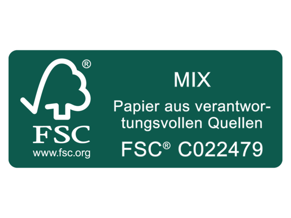 Das dunkelgrüne FSC® Siegel mit einem Baum als Symbol.