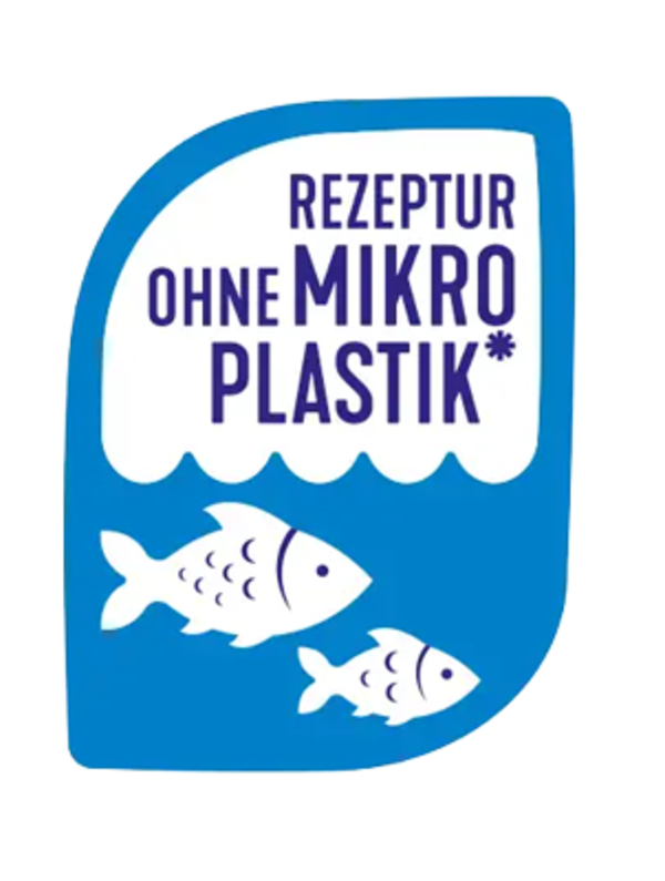 Ein blaues Label mit zwei kleinen Fischen als Symbol und dem Text „Rezeptur ohne Mikroplastik“.