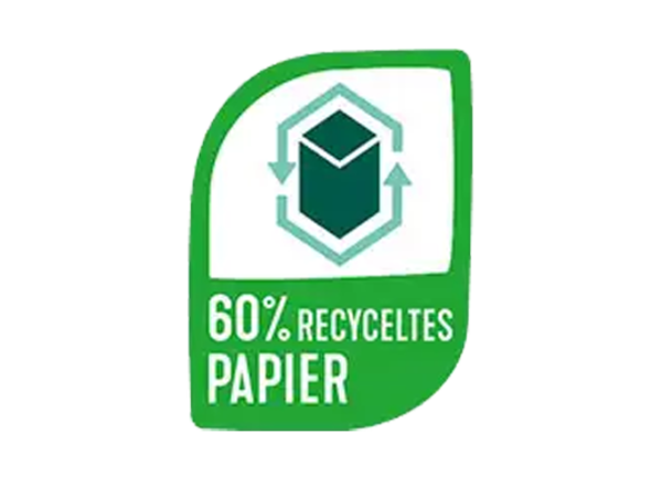 Ein grünes Label mit einem Karton als Symbol. Darunter steht 60 % recyceltes Papier“.