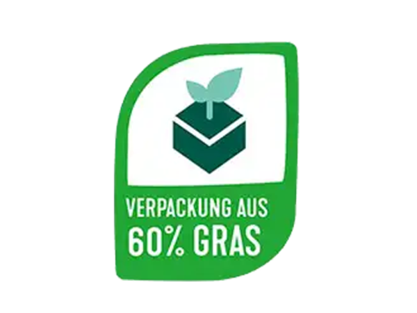 Ein grünes Label mit einem einfachen Symbol: Eine grüne Pflanze wächst aus einem Karton. Darunter steht „Verpackung aus 60 % Gras“.