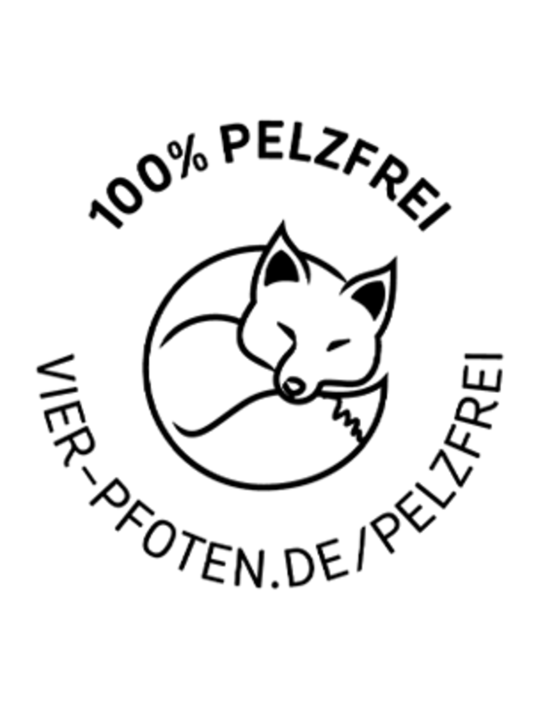 Das „Fur Free Retailer“ Label zeigt einen illustrierten Fuchs und den Schriftzug „100 % pelzfrei, furfreeretailer.com“.