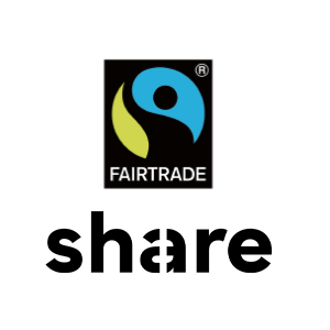 Das share und Fairtrade Logo untereinander.
