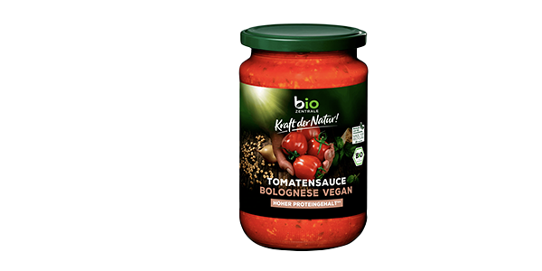 Eine Packung Biozentrale Bio Tomatensauce Bolognese Vegan.