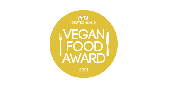 Die Auszeichnung „Vegan Food Award 2021“ der PETA. 