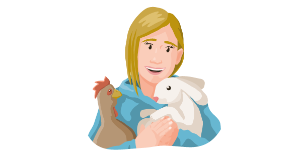 Eine illustrierte Tierfreundin hält ein Huhn und ein Kaninchen im Arm. 