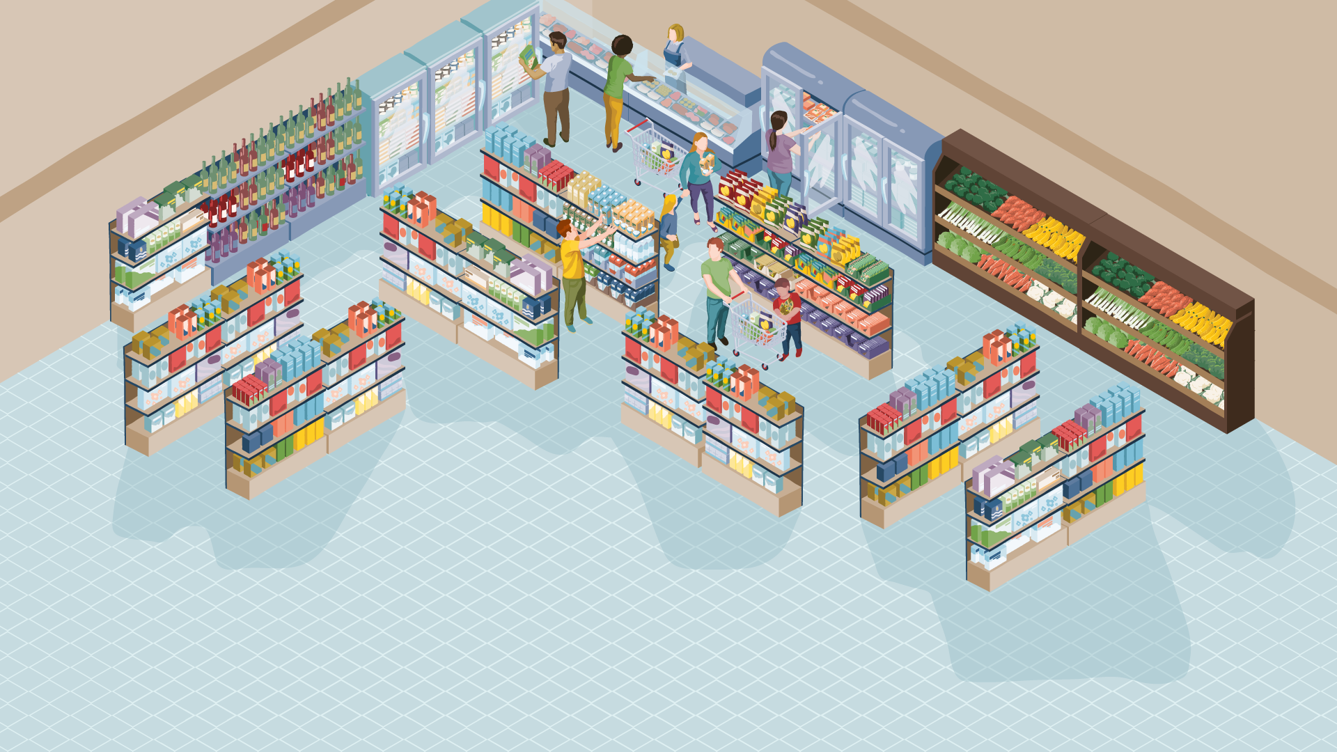 Eine Alltagsszene aus einem illustrierten REWE Markt. Man schaut von schräg oben über die verschiedenen Regalreihen hinweg. Überall findet man vegane Alternativen.  