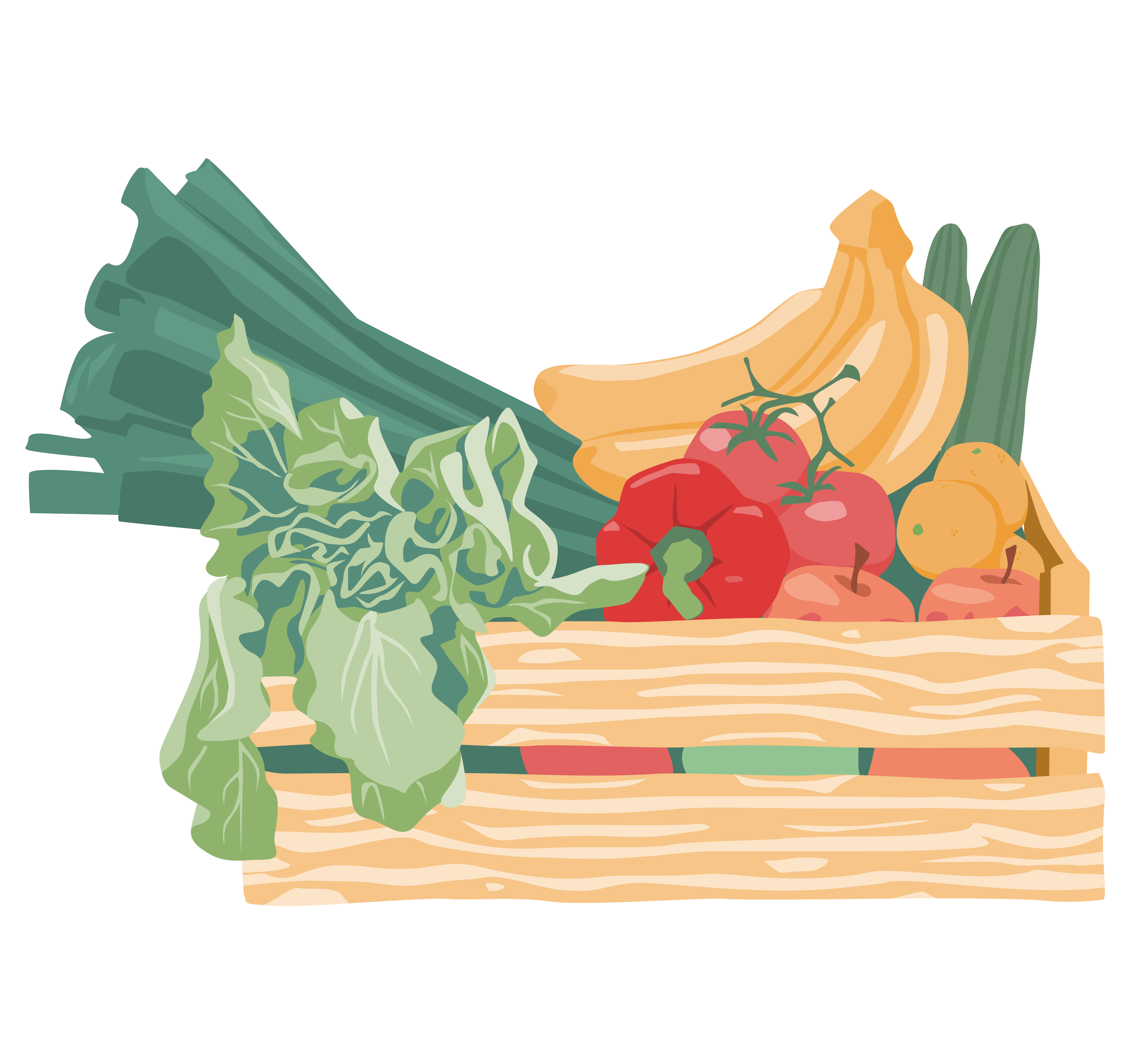 Eine illustrierte Holzkiste mit frischem Obst und Gemüse. 