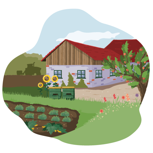 Ein illustrierter landwirtschaftlicher Betrieb: Vor dem Hof beginnt ein Feld. Daneben wachsen Obstbäume und Sonnenblumen. 