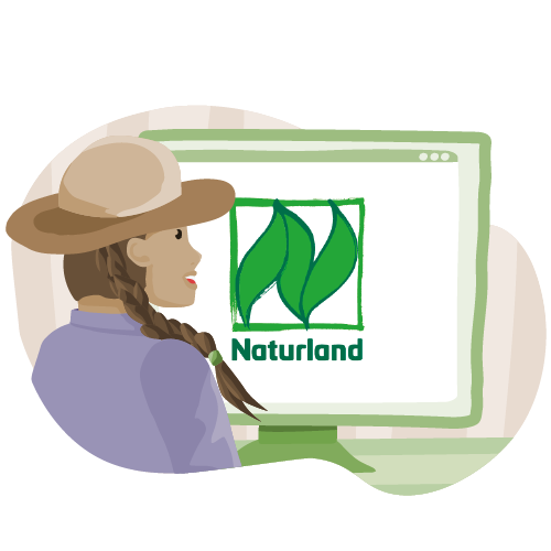 Eine illustrierte Landwirtin vor dem Computer. Auf dem Bildschirm ist das Naturland Logo zu sehen.