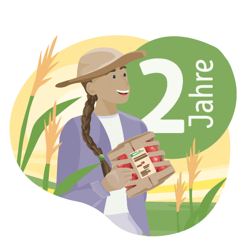 Eine Illustration zeigt eine Landwirtin auf dem Feld. In der Hand hält sie eine Packung REWE Bio Tomaten. Im Hintergrund steht der Schriftzug „2 Jahre“.