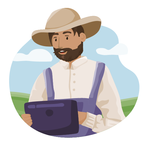 Ein illustrierter Landwirt steht mit einem Tablet auf dem Feld. Er kontaktiert per E-Mail die Wegbereiter.