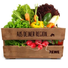 Eine Kiste voll mit unterschiedlichem Obst und Gemüse.