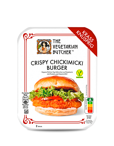 Eine Packung Crispy Chickimicki Burger von The Vegetarian Butcher. 