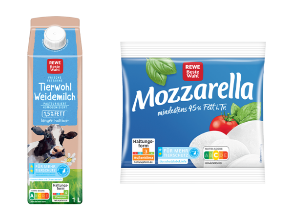 Eine Packung REWE Beste Wahl Weide Vollmilch und eine Packung REWE Beste Wahl Mozzarella. Beide Produkte tragen das blaue Label „Für mehr Tierschutz. Zertifiziert nach den Richtlinien des Deutschen Tierschutzbundes.“ 
