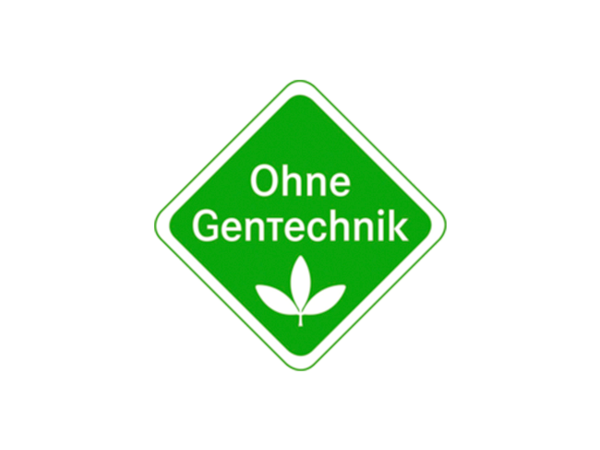 Ein grünes, rautenförmiges Logo mit der Aufschrift „Ohne Gentechnik“.