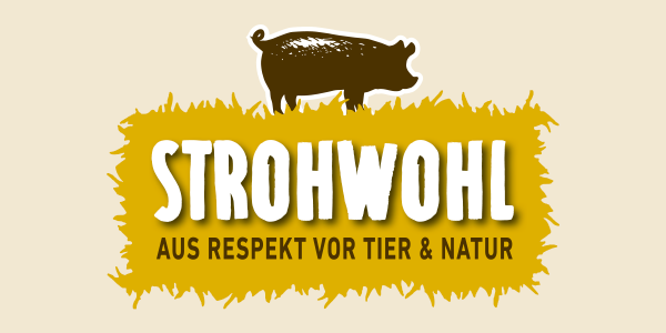 Das Logo zeigt ein illustriertes Schwein auf Stroh. Auf dem Stroh steht „Strohwohl. Aus Respekt vor Tier und Natur.“ 