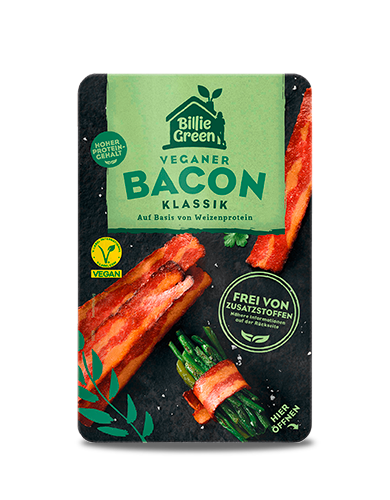 Eine Packung Billie Green Veganer Bacon. 