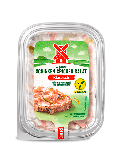 Eine Packung Rügenwalder Veganer Schinkenspicker Salat. 