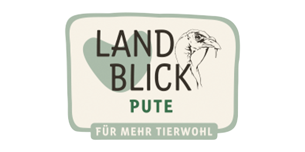 Auf dem Landblick Pute Logo steht „Landblick Pute. Für mehr Tierwohl“. 
