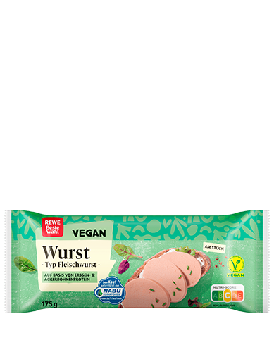 Eine Packung REWE Beste Wahl Vegane Fleischwurst. 