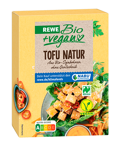Eine Packung REWE Bio + vegan Tofu Natur. 