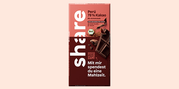 Eine Tafel share Schokolade Edelbitter Peru. 