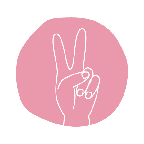 Eine illustrierte Hand streckt zwei Finger hoch und macht das „Peace“-Zeichen. 