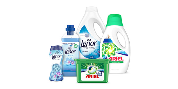 Zwei Packungen Ariel Waschmittel sowie Lenor Waschmittel, Weichspüler und Wäscheperlen.
