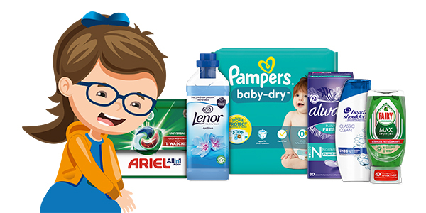 Die Illustration zeigt ein Kind neben verschiedenen P & G Produkten. 