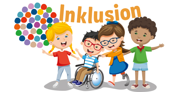 Illustrierte Kinder mit und ohne Behinderung lachen gemeinsam. Hinter ihnen ist das Wort “Inklusion” illustriert. 