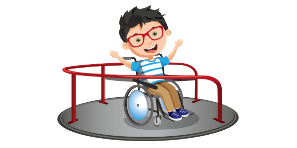 Ein Kind fährt im Rollstuhl mit einem inklusiven Karussell. 