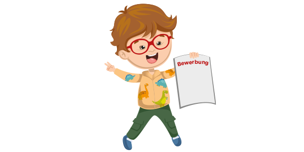 Ein illustriertes Kind hält ein Dokument mit dem Wort „Bewerbung“ hoch. 