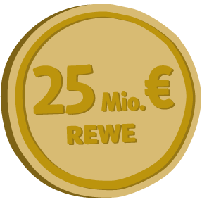Goldene Münze mit der Prägung "25 Mio. € REWE"