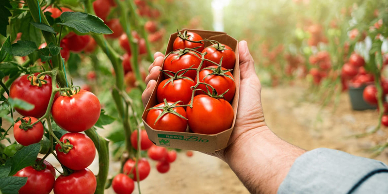 Hand einer Person hält eine Pappschachtel mit roten Tomaten, im Hintergrund eine Tomatemplantage