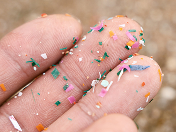 Auf einer Hand liegen viele winzige Stückchen Mikroplastik.