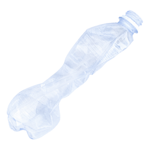 Eine leere, eingedrückte Plastikflasche.