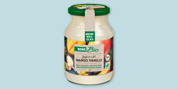 REWE Bio Joghurt Mango Vanille im Mehrweg-Glas. 
