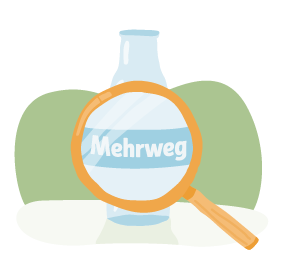 Eine illustrierte Mehrweg-Glasflasche. Unter einer Lupe erkennt man das Wort „Mehrweg“ auf der Flasche. 