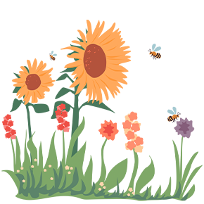 Die Illustration zeigt eine Wiese mit Wildblumen und Kräutern. 