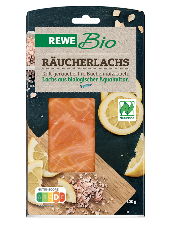 Eine Packung REWE Bio Räucherlachs. 