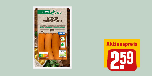 Eine Packung REWE Bio Wiener Würstchen.