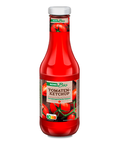 Eine Flasche REWE Bio Tomaten-Ketchup. 
